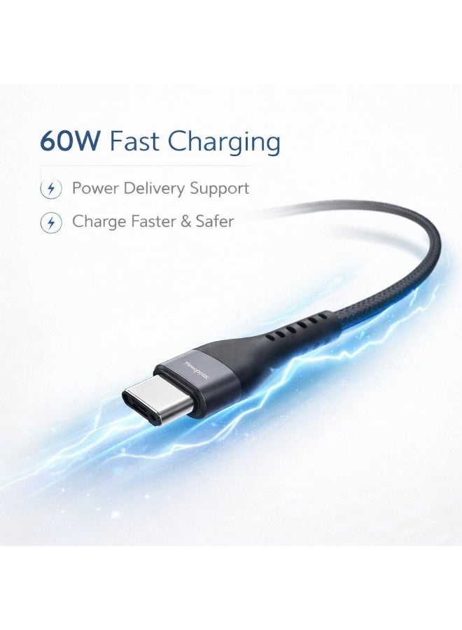 تشابي لاين  CHAPPELINE كابل USB-C إلى USB-C، 60 واط، 1200 ملم، شحن سريع، أسود، معدن وسيليكا جيل، موديل CA2 - Image 2